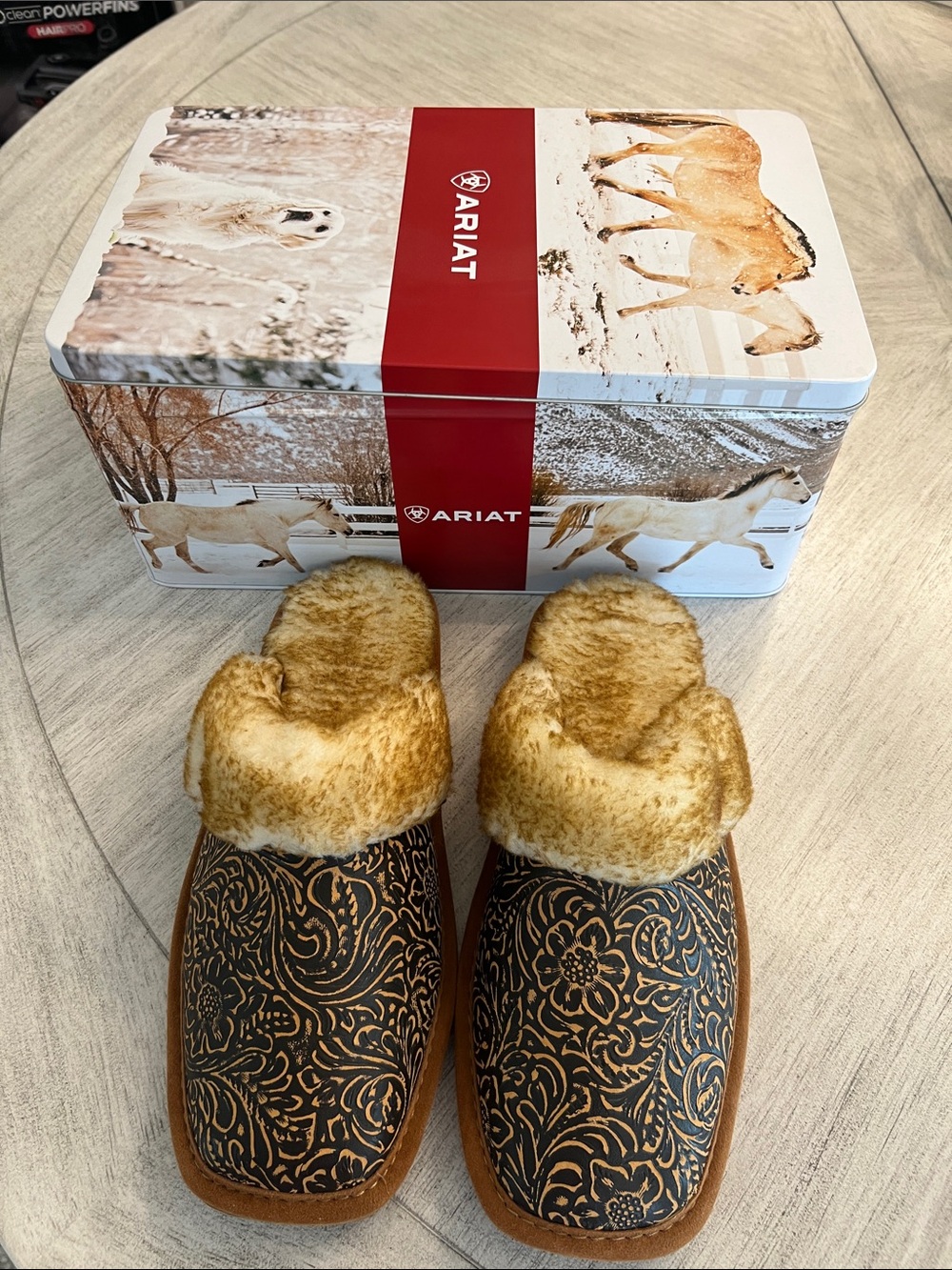 Ariat Brown & Black Shearling-Trim Floral Mule Slippers